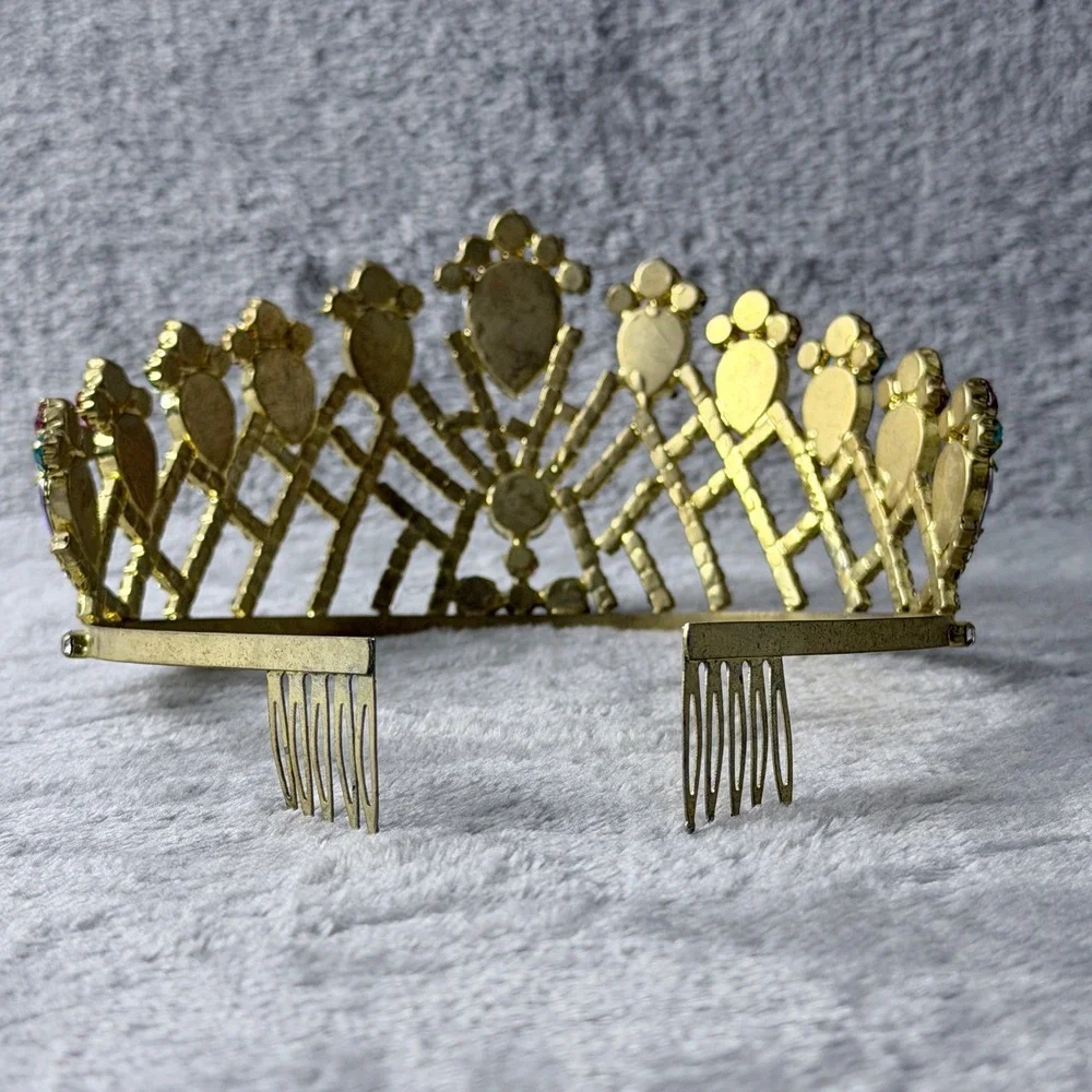 Tiara Crown Metal Women Gold Purple Teal Rhinestone Pageant‎ Regal Birthday NOLA